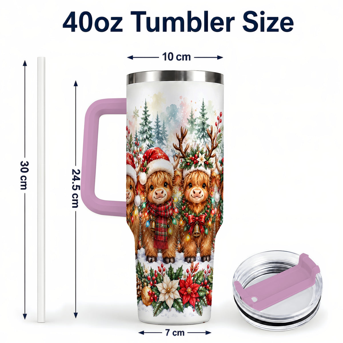 #pl[40oz|Pink] Watercolor Cow 40oz Tumbler, Christmas Tumbler, Stainless Steel Travel Cup