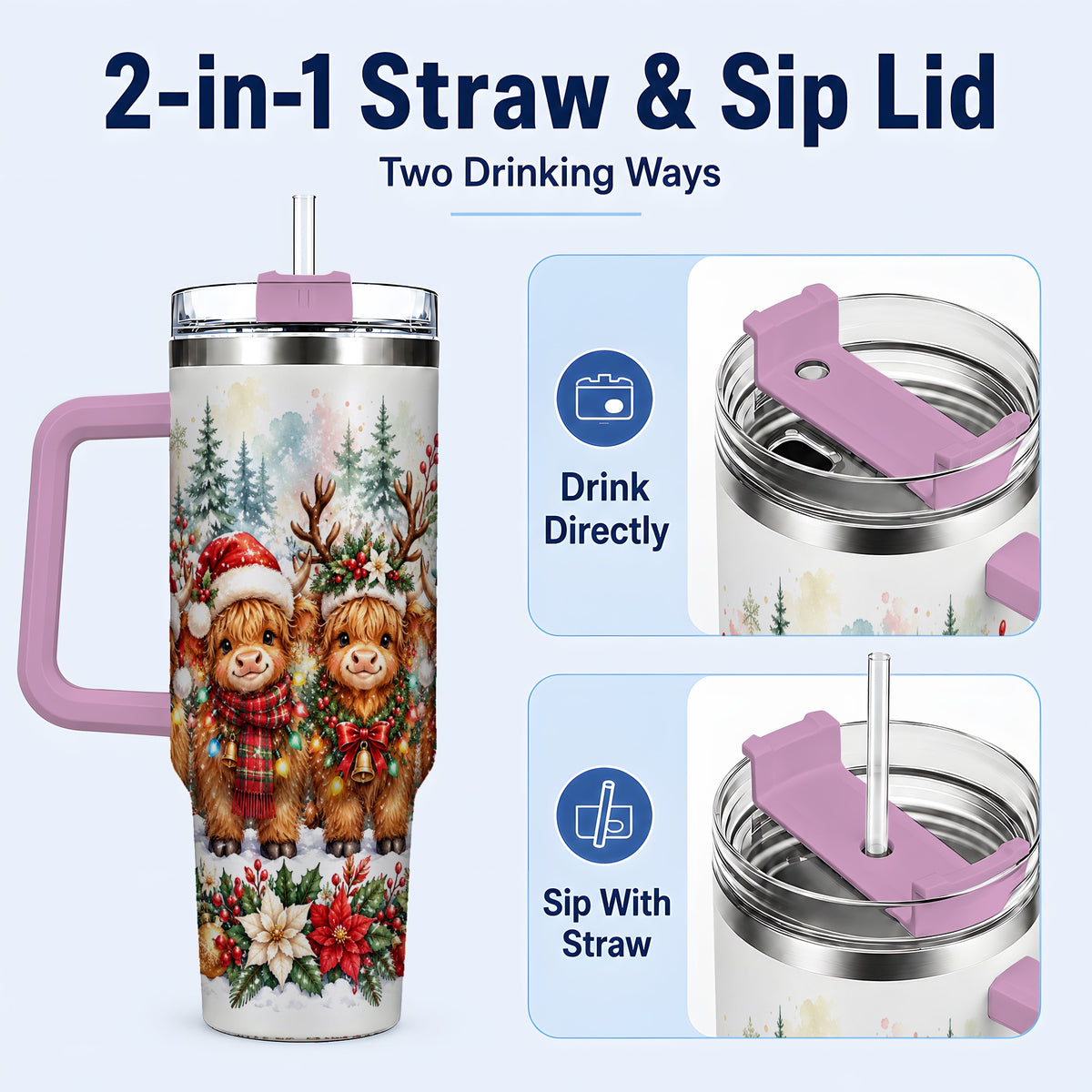 #pl[40oz|Pink] Watercolor Cow 40oz Tumbler, Christmas Tumbler, Stainless Steel Travel Cup