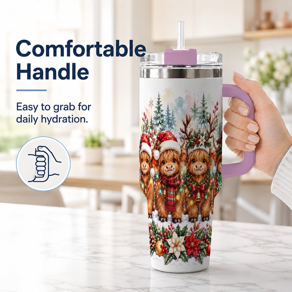 #pl[40oz|Pink] Watercolor Cow 40oz Tumbler, Christmas Tumbler, Stainless Steel Travel Cup