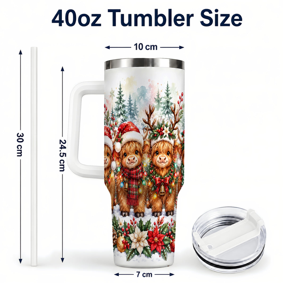 #pl[40oz|White] Watercolor Cow 40oz Tumbler, Christmas Tumbler, Stainless Steel Travel Cup