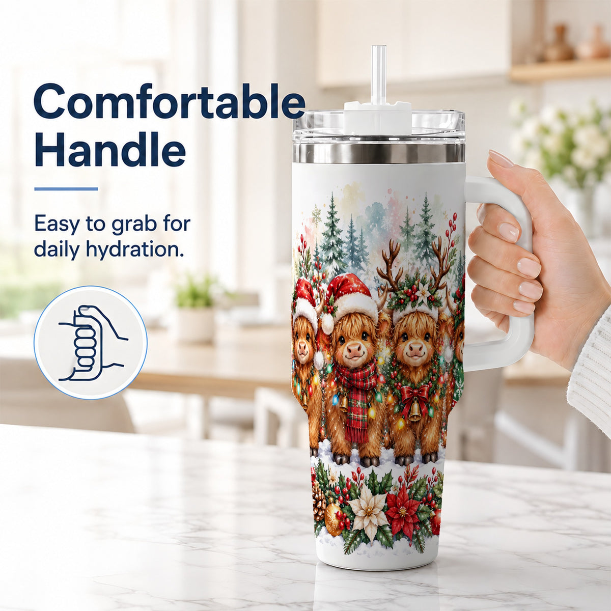 #pl[40oz|White] Watercolor Cow 40oz Tumbler, Christmas Tumbler, Stainless Steel Travel Cup