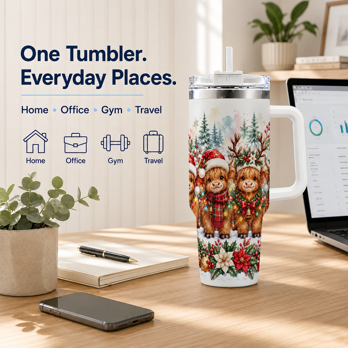 Watercolor Cow 40oz Tumbler, Christmas Tumbler, Stainless Steel Travel Cup