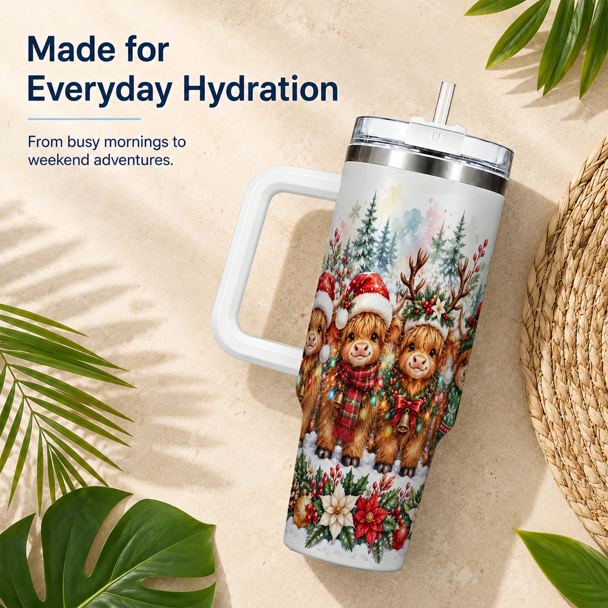 Watercolor Cow 40oz Tumbler, Christmas Tumbler, Stainless Steel Travel Cup