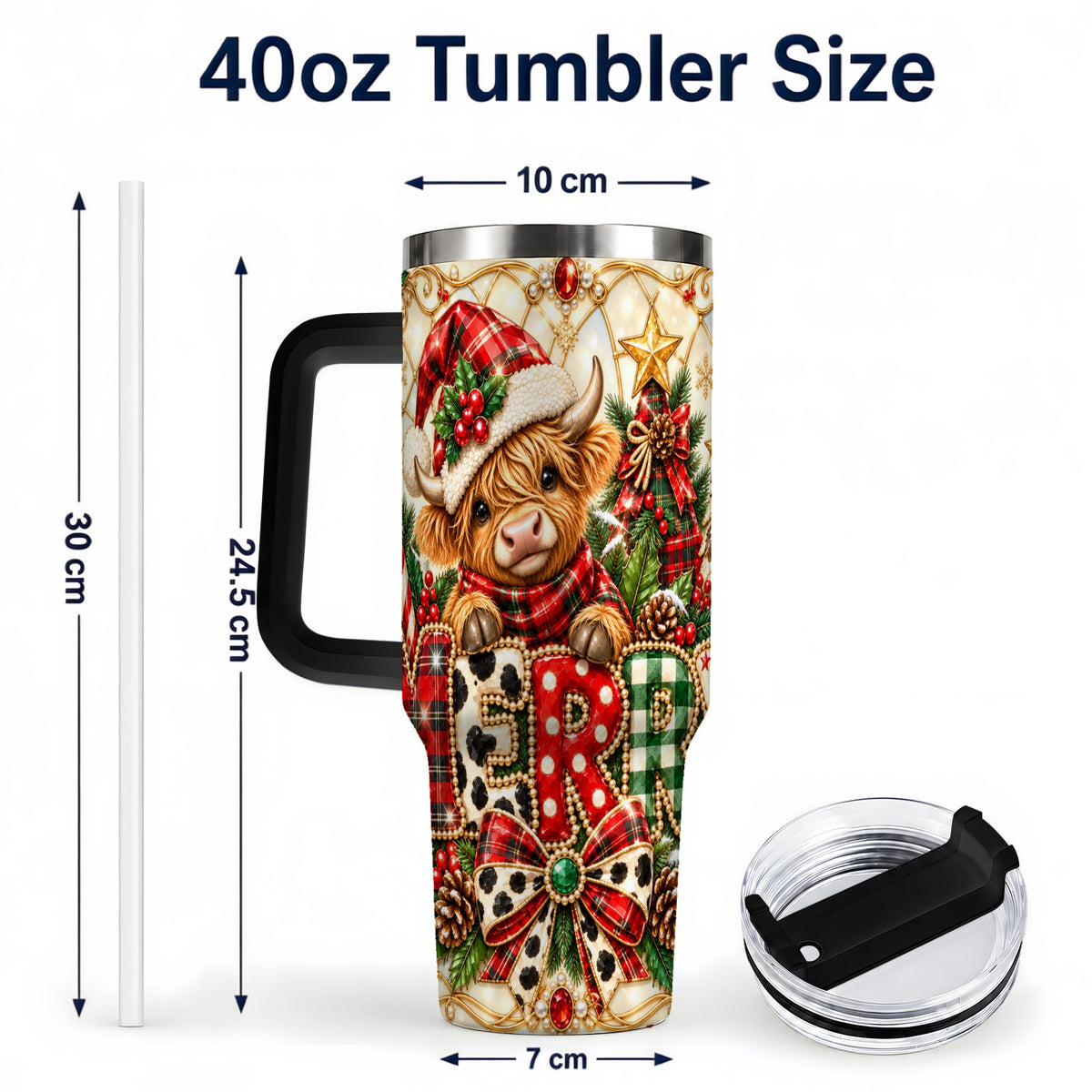 #pl[40oz|Black] Highland Cow Christmas 40oz Tumbler with Handle, Holiday Travel Cup