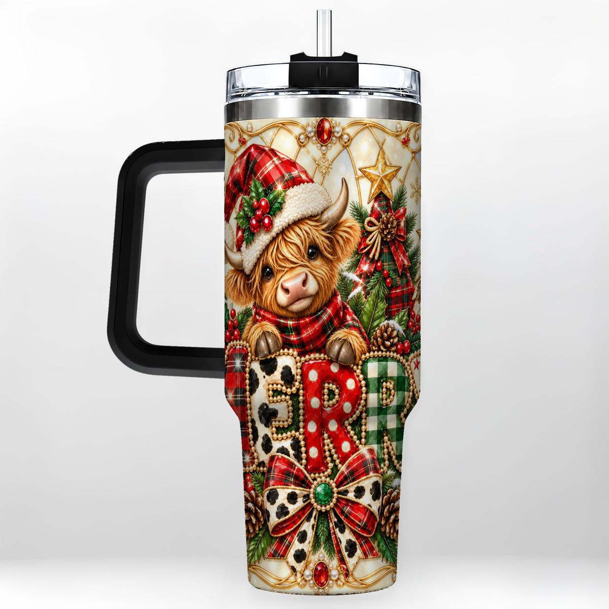 #pl[40oz|Black] Highland Cow Christmas 40oz Tumbler with Handle, Holiday Travel Cup