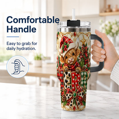 #pl[40oz|Black] Highland Cow Christmas 40oz Tumbler with Handle, Holiday Travel Cup
