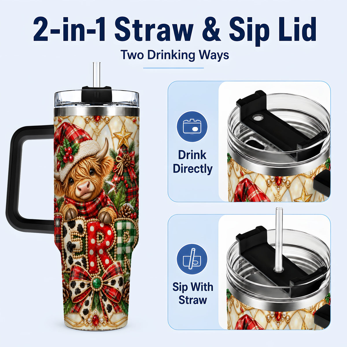 #pl[40oz|Black] Highland Cow Christmas 40oz Tumbler with Handle, Holiday Travel Cup
