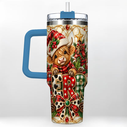 #pl[40oz|Blue] Highland Cow Christmas 40oz Tumbler with Handle, Holiday Travel Cup
