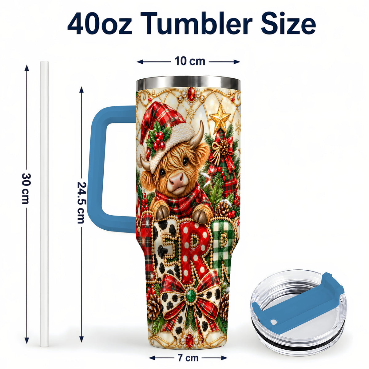 #pl[40oz|Blue] Highland Cow Christmas 40oz Tumbler with Handle, Holiday Travel Cup
