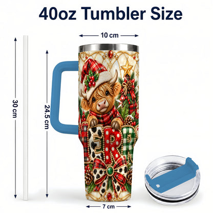 #pl[40oz|Blue] Highland Cow Christmas 40oz Tumbler with Handle, Holiday Travel Cup