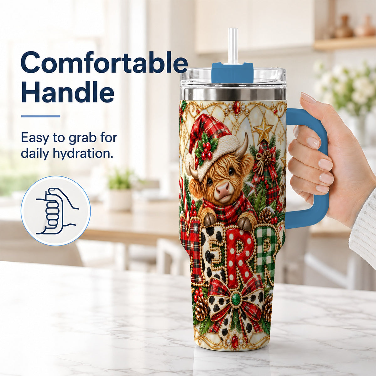#pl[40oz|Blue] Highland Cow Christmas 40oz Tumbler with Handle, Holiday Travel Cup