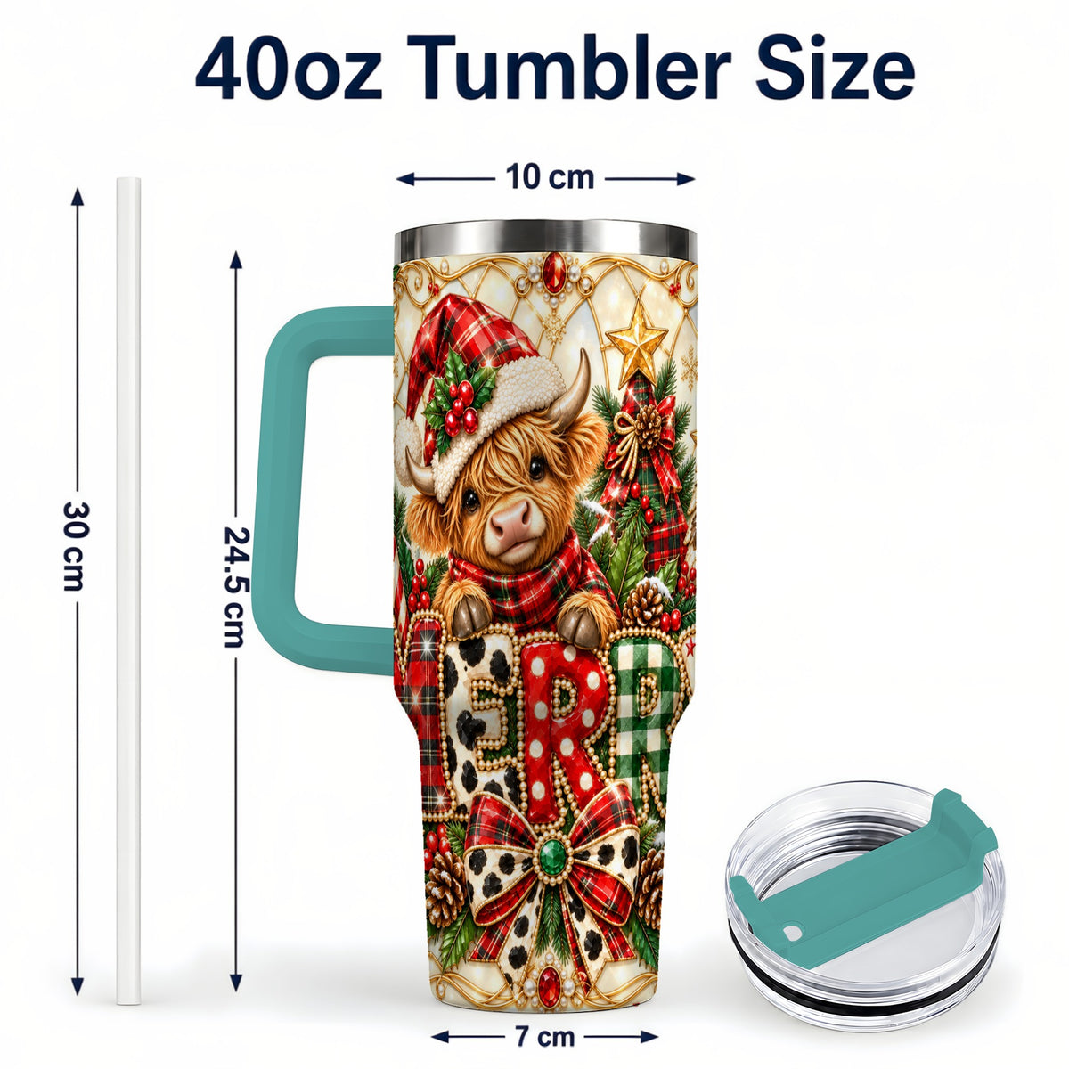 #pl[40oz|Green] Highland Cow Christmas 40oz Tumbler with Handle, Holiday Travel Cup