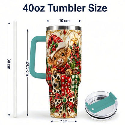 #pl[40oz|Green] Highland Cow Christmas 40oz Tumbler with Handle, Holiday Travel Cup