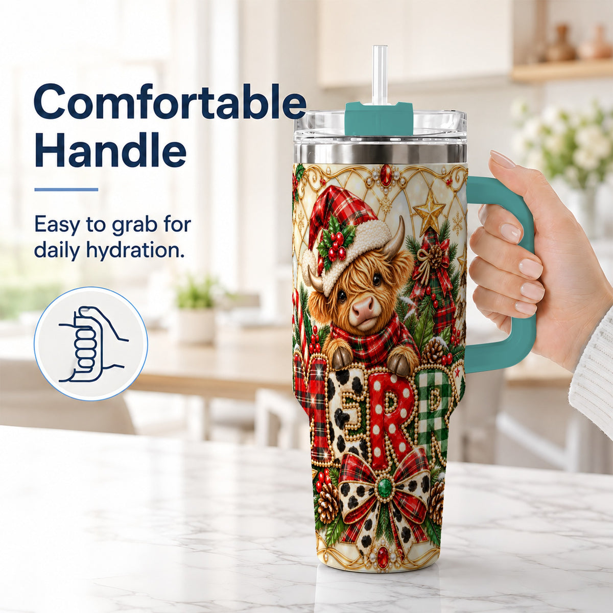 #pl[40oz|Green] Highland Cow Christmas 40oz Tumbler with Handle, Holiday Travel Cup