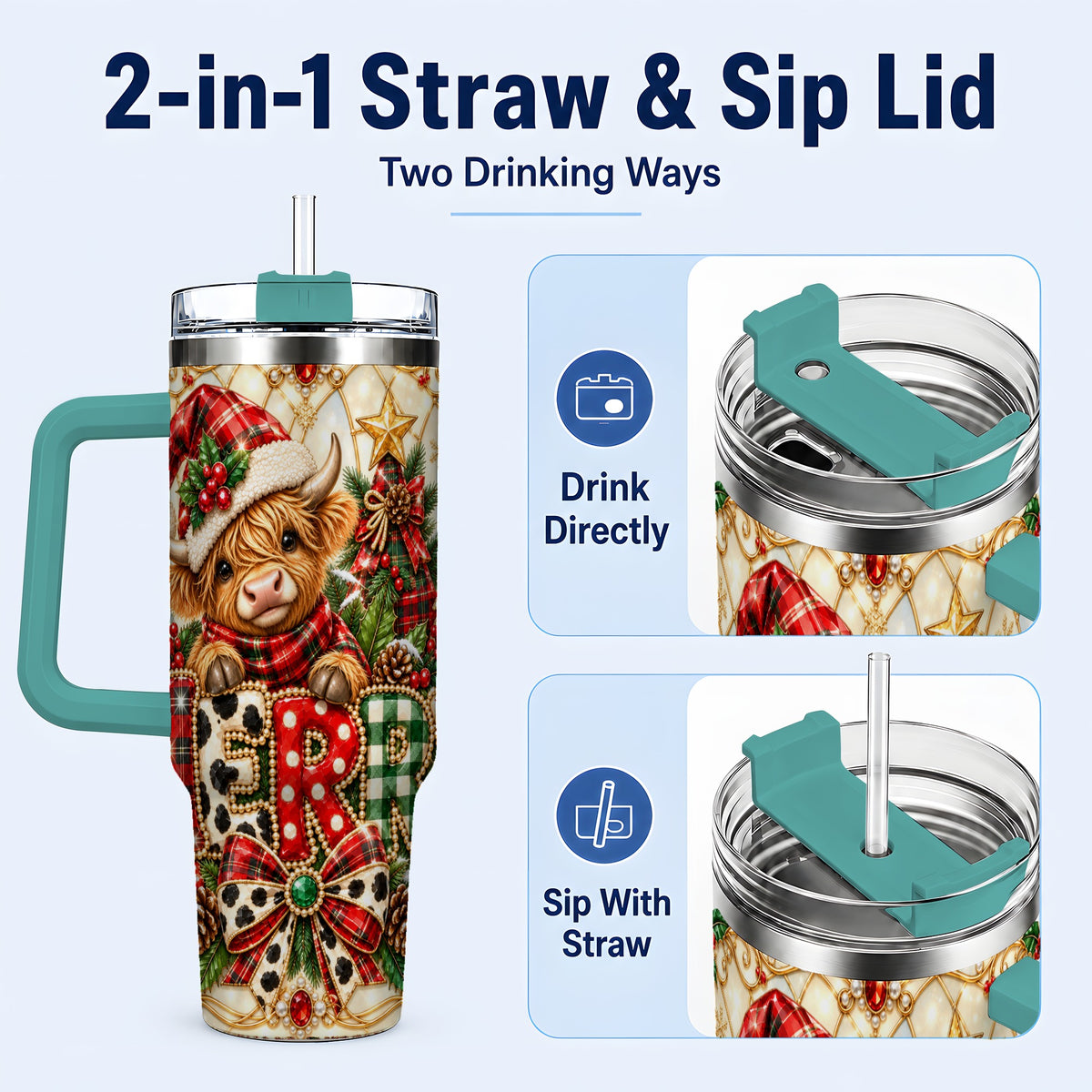 #pl[40oz|Green] Highland Cow Christmas 40oz Tumbler with Handle, Holiday Travel Cup