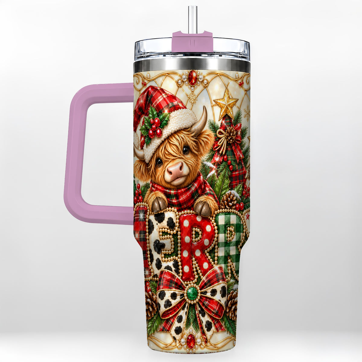 #pl[40oz|Pink] Highland Cow Christmas 40oz Tumbler with Handle, Holiday Travel Cup