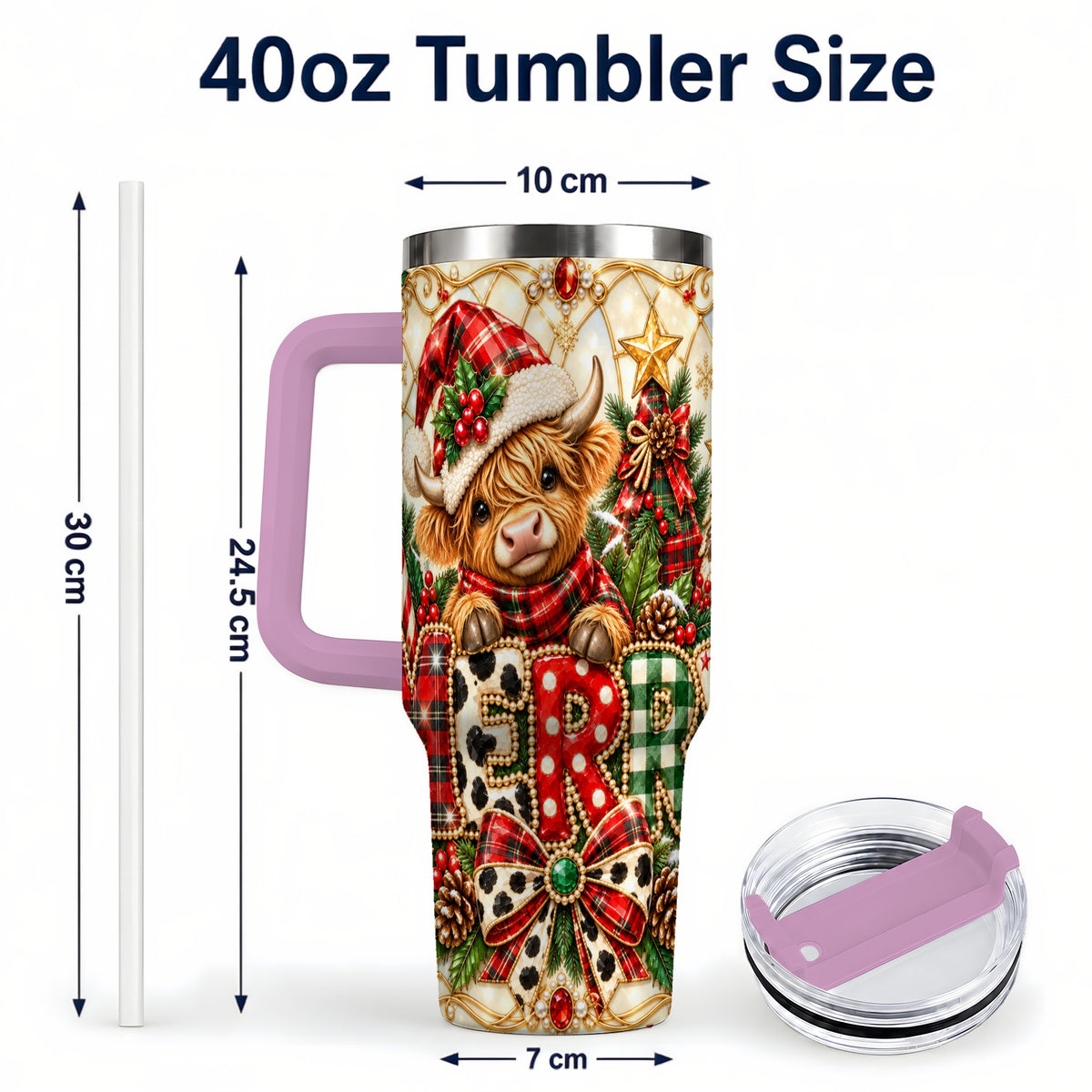 #pl[40oz|Pink] Highland Cow Christmas 40oz Tumbler with Handle, Holiday Travel Cup