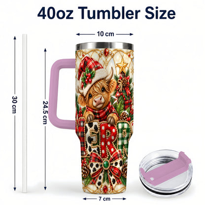 #pl[40oz|Pink] Highland Cow Christmas 40oz Tumbler with Handle, Holiday Travel Cup