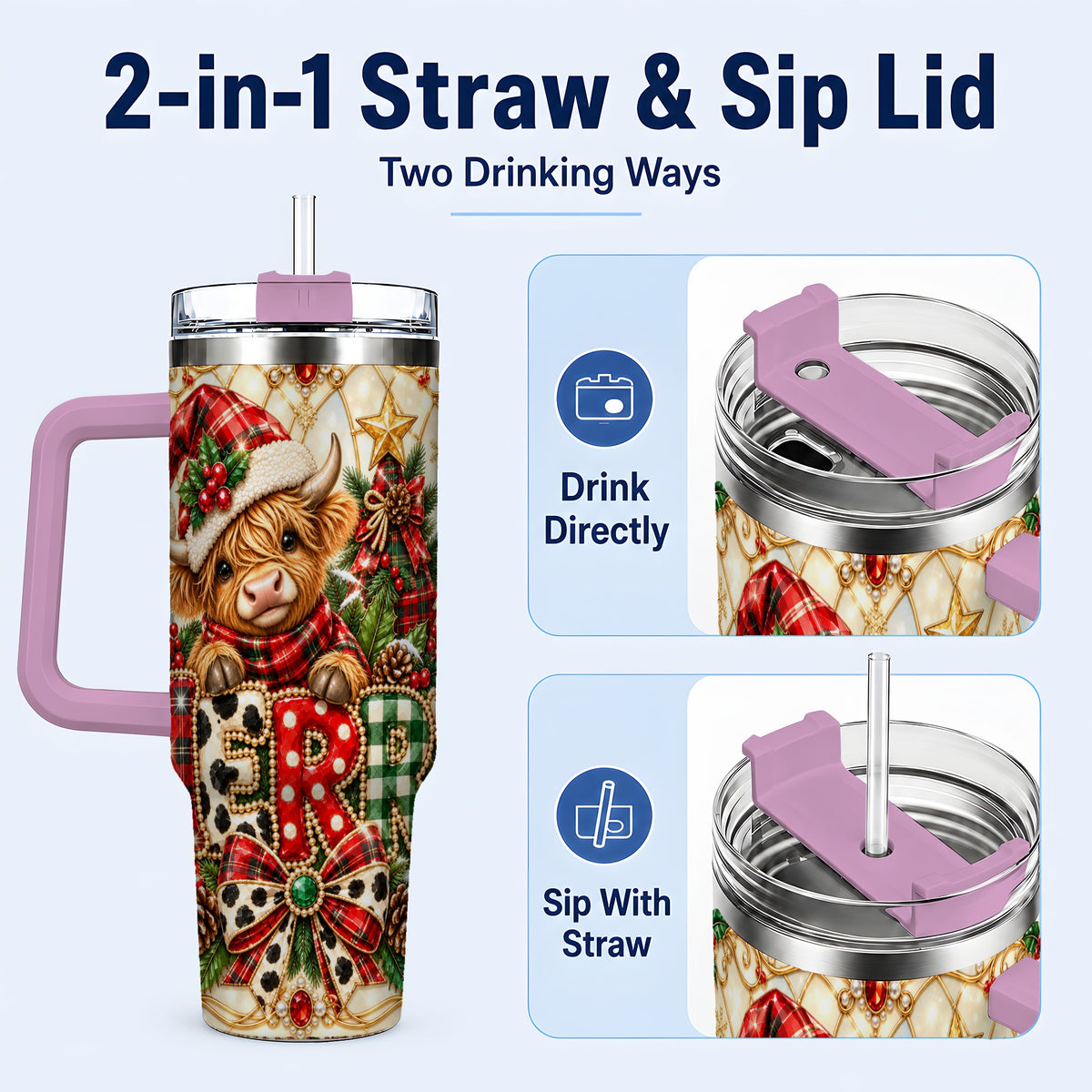 #pl[40oz|Pink] Highland Cow Christmas 40oz Tumbler with Handle, Holiday Travel Cup