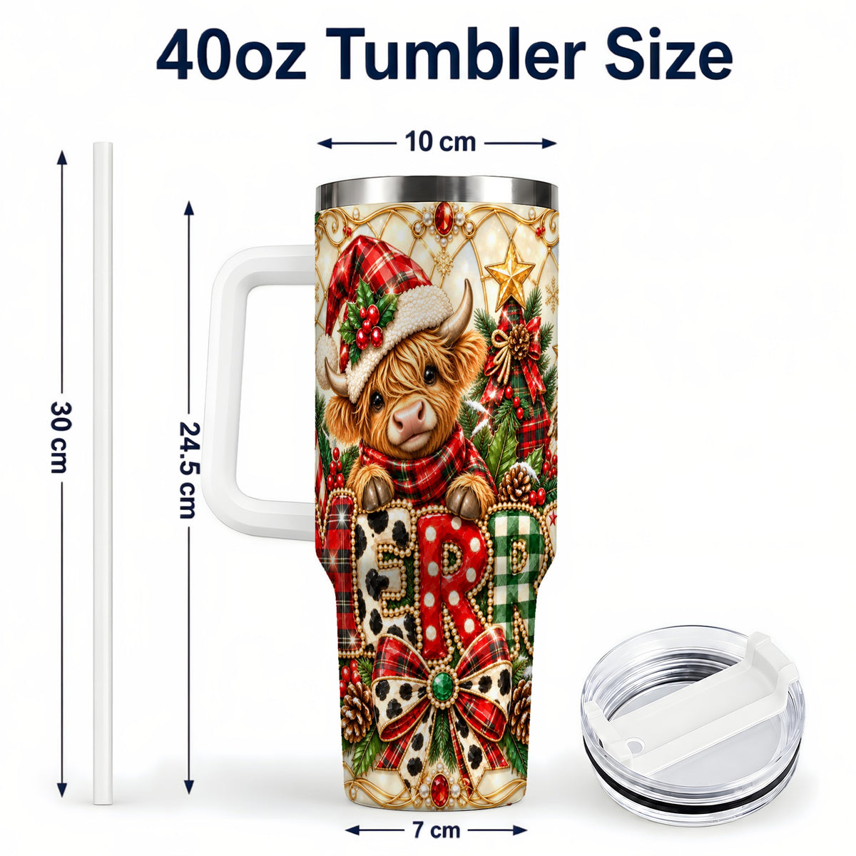 #pl[40oz|White] Highland Cow Christmas 40oz Tumbler with Handle, Holiday Travel Cup
