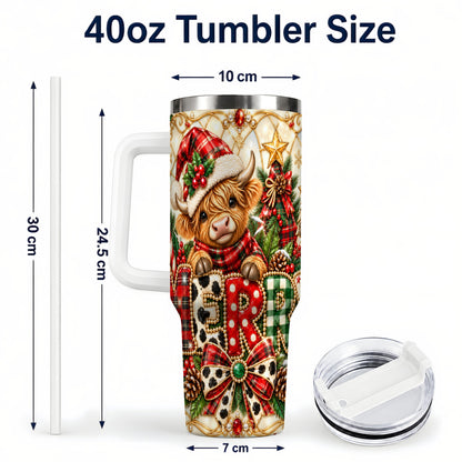 #pl[40oz|White] Highland Cow Christmas 40oz Tumbler with Handle, Holiday Travel Cup