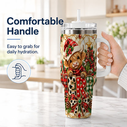 #pl[40oz|White] Highland Cow Christmas 40oz Tumbler with Handle, Holiday Travel Cup