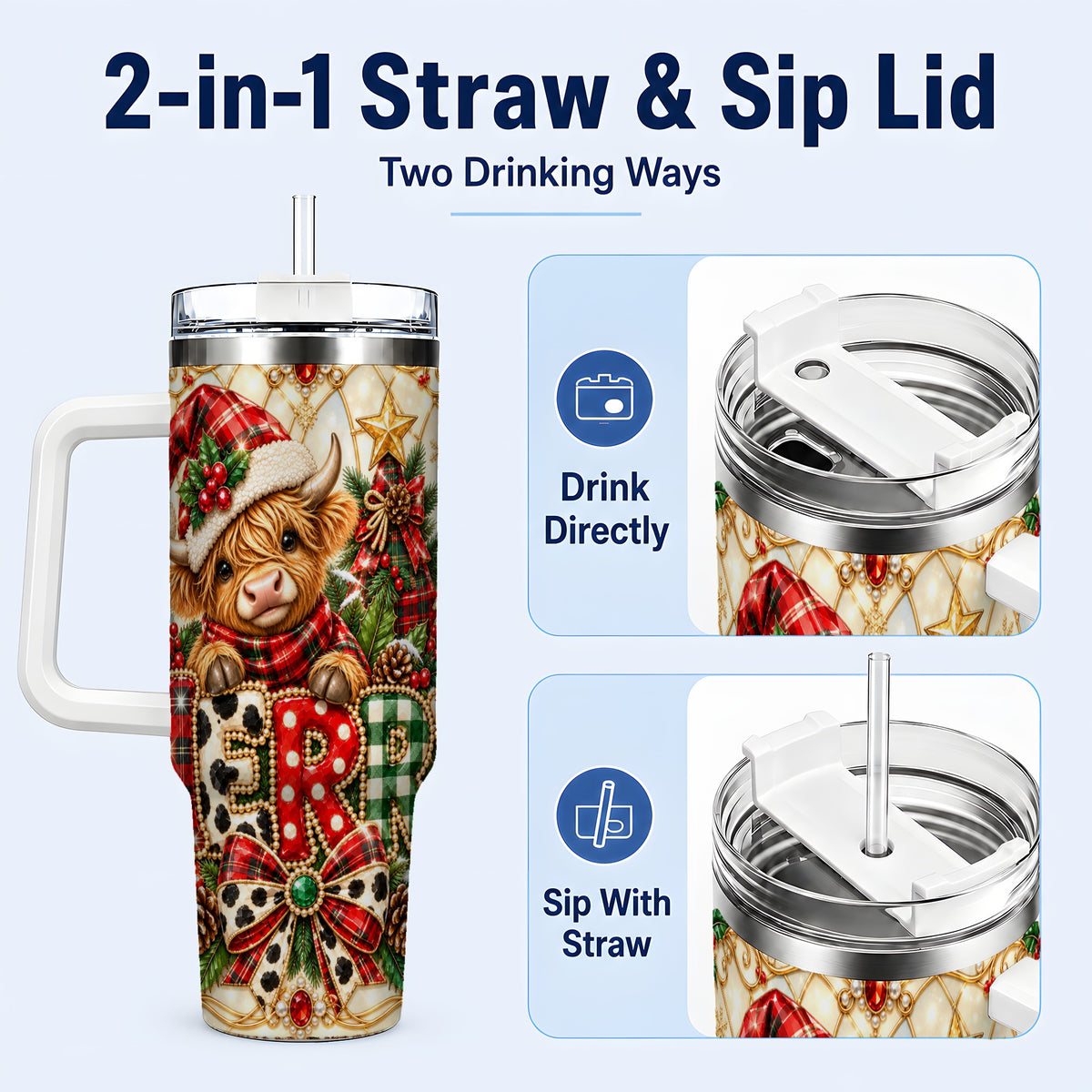 #pl[40oz|White] Highland Cow Christmas 40oz Tumbler with Handle, Holiday Travel Cup