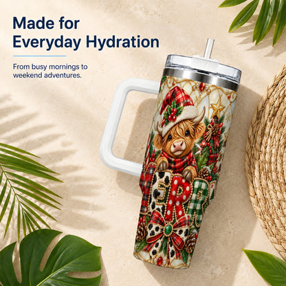 Highland Cow Christmas 40oz Tumbler with Handle, Holiday Travel Cup