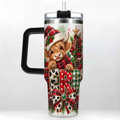#pl[40oz|Black] Watercolor Highland Cow 40oz Tumbler with Handle, Christmas Travel Cup