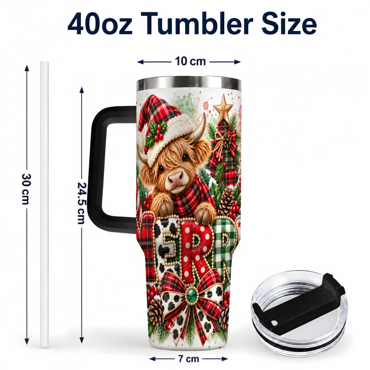 #pl[40oz|Black] Watercolor Highland Cow 40oz Tumbler with Handle, Christmas Travel Cup