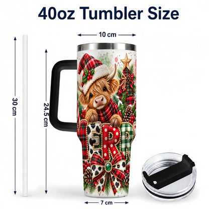 #pl[40oz|Black] Watercolor Highland Cow 40oz Tumbler with Handle, Christmas Travel Cup