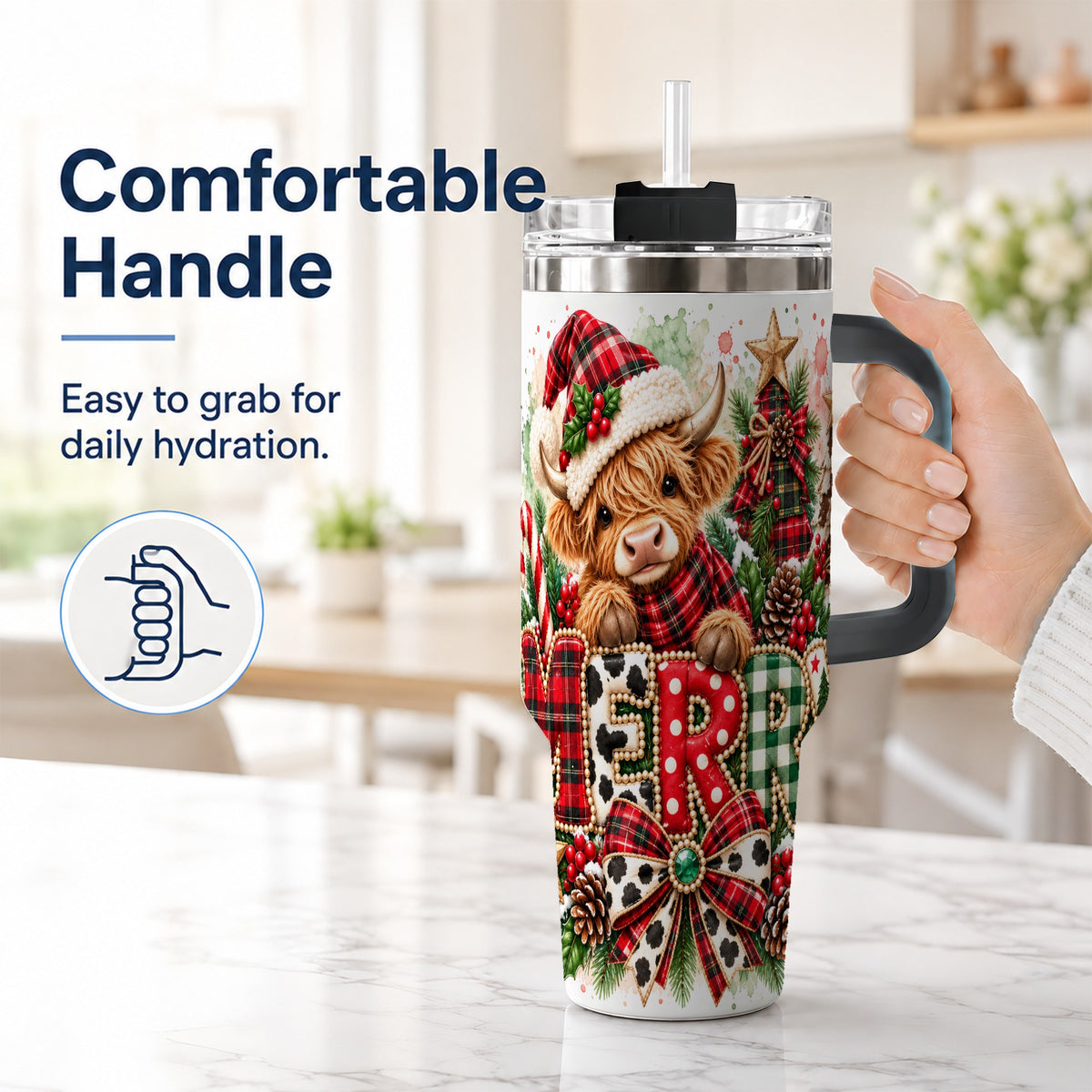 #pl[40oz|Black] Watercolor Highland Cow 40oz Tumbler with Handle, Christmas Travel Cup