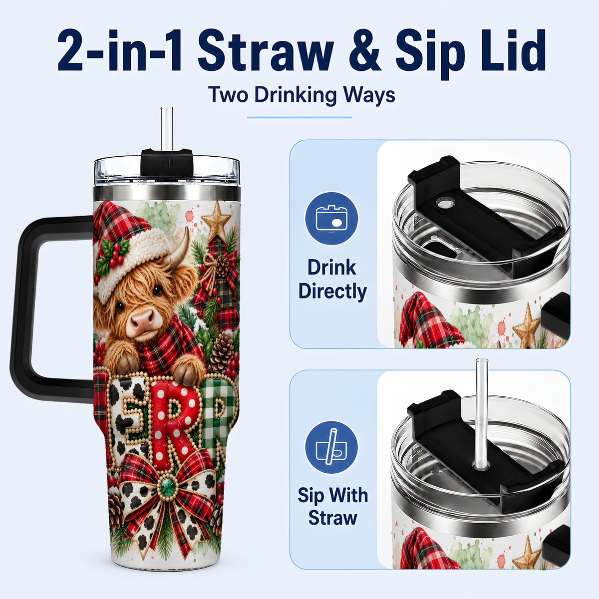 #pl[40oz|Black] Watercolor Highland Cow 40oz Tumbler with Handle, Christmas Travel Cup