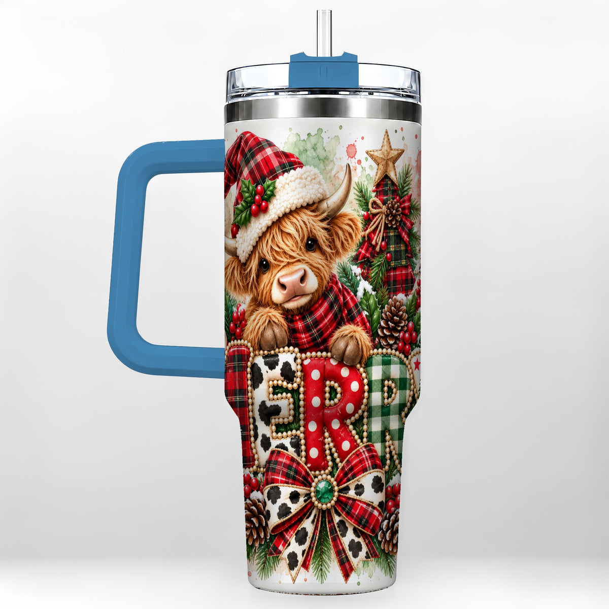 #pl[40oz|Blue] Watercolor Highland Cow 40oz Tumbler with Handle, Christmas Travel Cup
