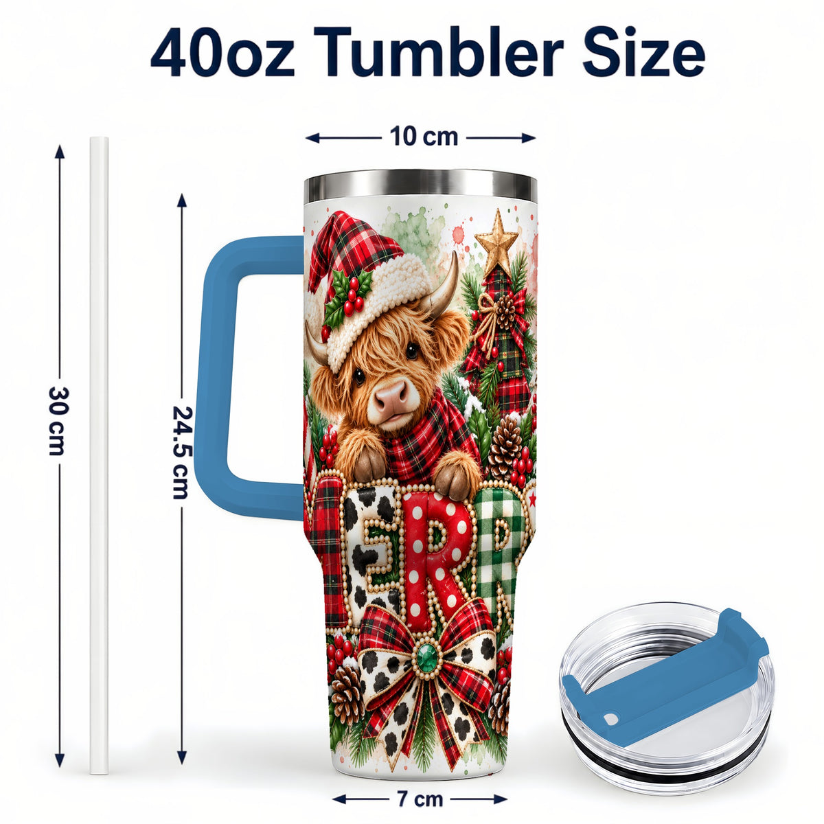 #pl[40oz|Blue] Watercolor Highland Cow 40oz Tumbler with Handle, Christmas Travel Cup