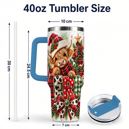 #pl[40oz|Blue] Watercolor Highland Cow 40oz Tumbler with Handle, Christmas Travel Cup