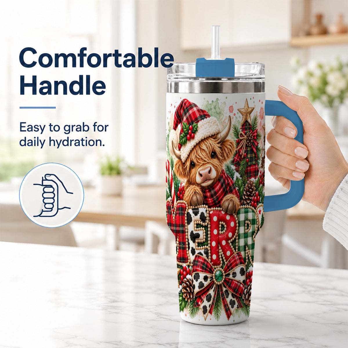 #pl[40oz|Blue] Watercolor Highland Cow 40oz Tumbler with Handle, Christmas Travel Cup