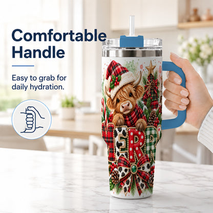 #pl[40oz|Blue] Watercolor Highland Cow 40oz Tumbler with Handle, Christmas Travel Cup