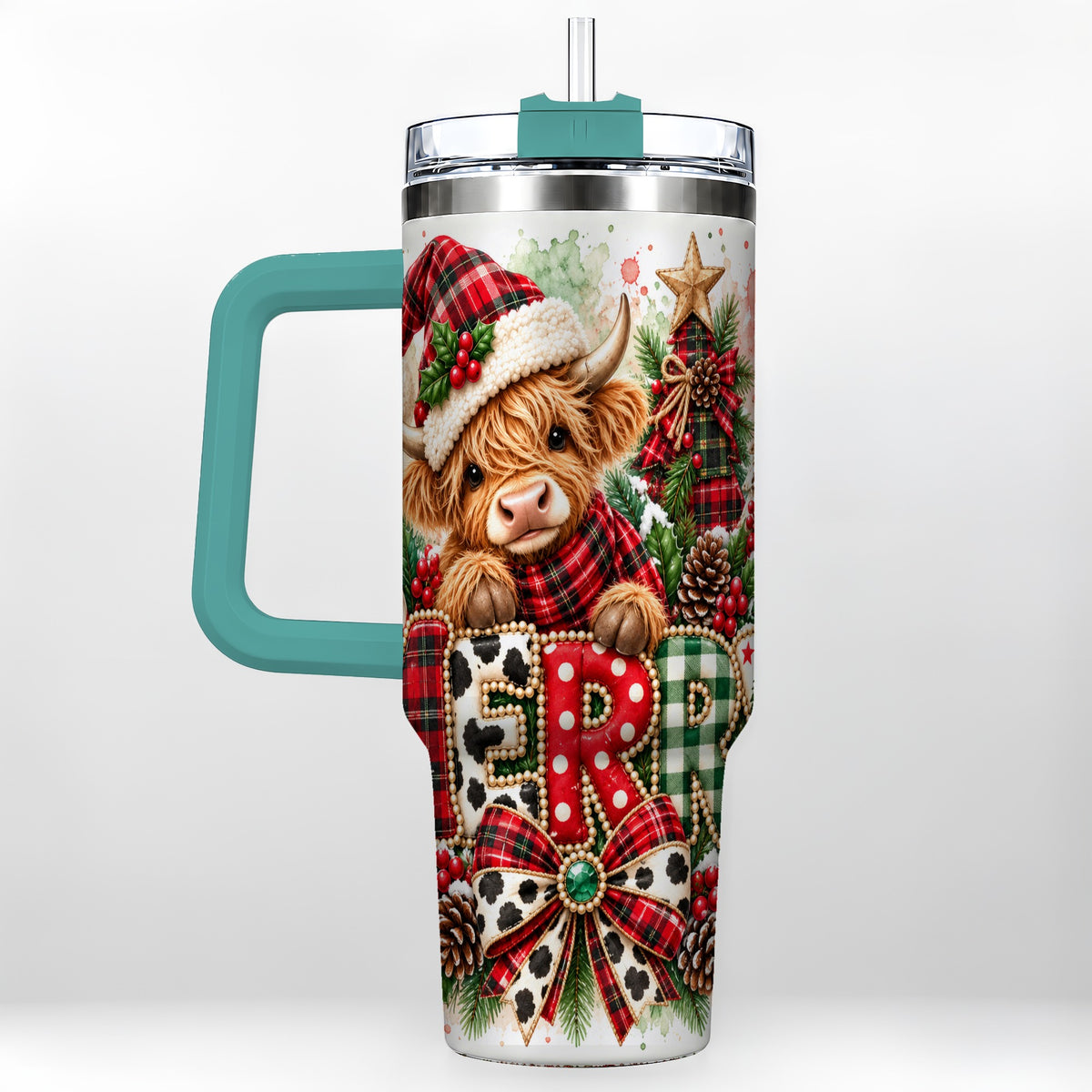 #pl[40oz|Green] Watercolor Highland Cow 40oz Tumbler with Handle, Christmas Travel Cup