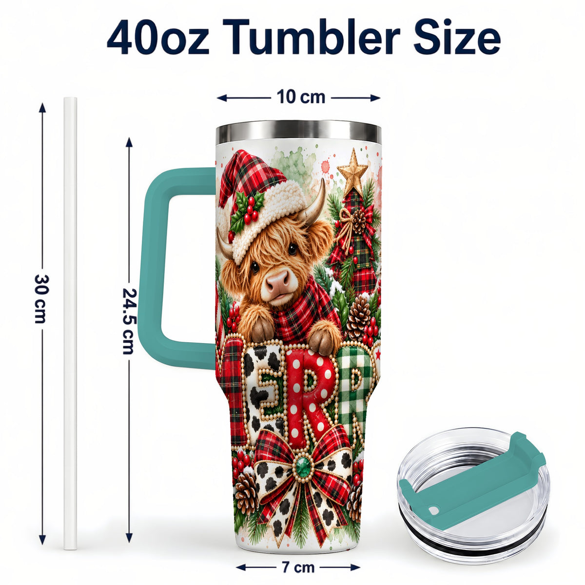 #pl[40oz|Green] Watercolor Highland Cow 40oz Tumbler with Handle, Christmas Travel Cup