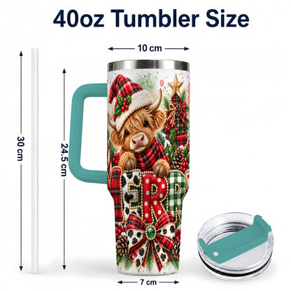 #pl[40oz|Green] Watercolor Highland Cow 40oz Tumbler with Handle, Christmas Travel Cup