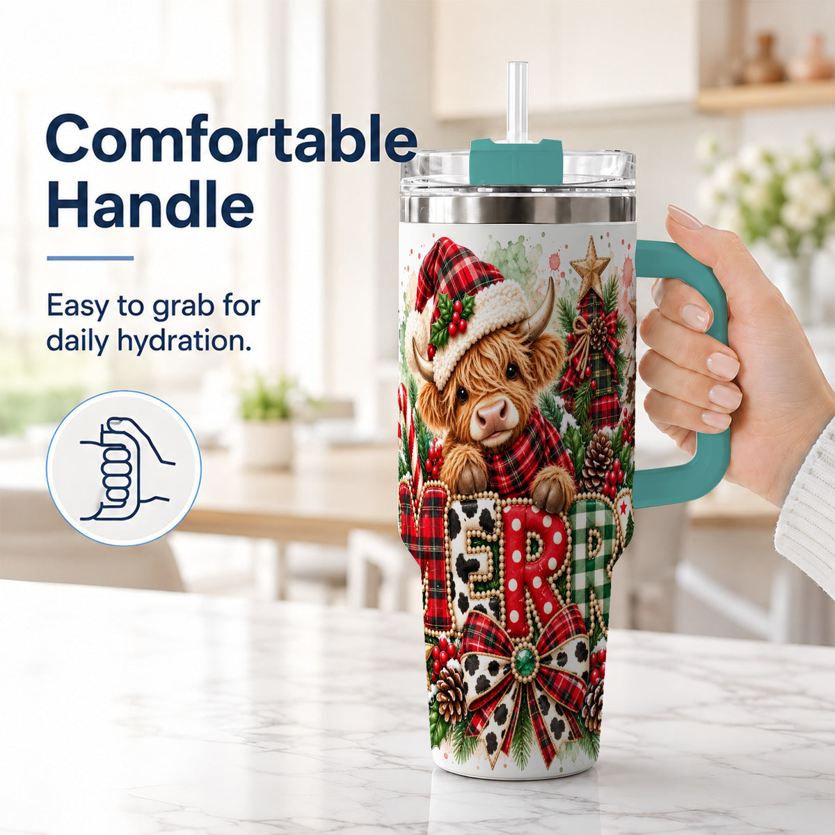 #pl[40oz|Green] Watercolor Highland Cow 40oz Tumbler with Handle, Christmas Travel Cup