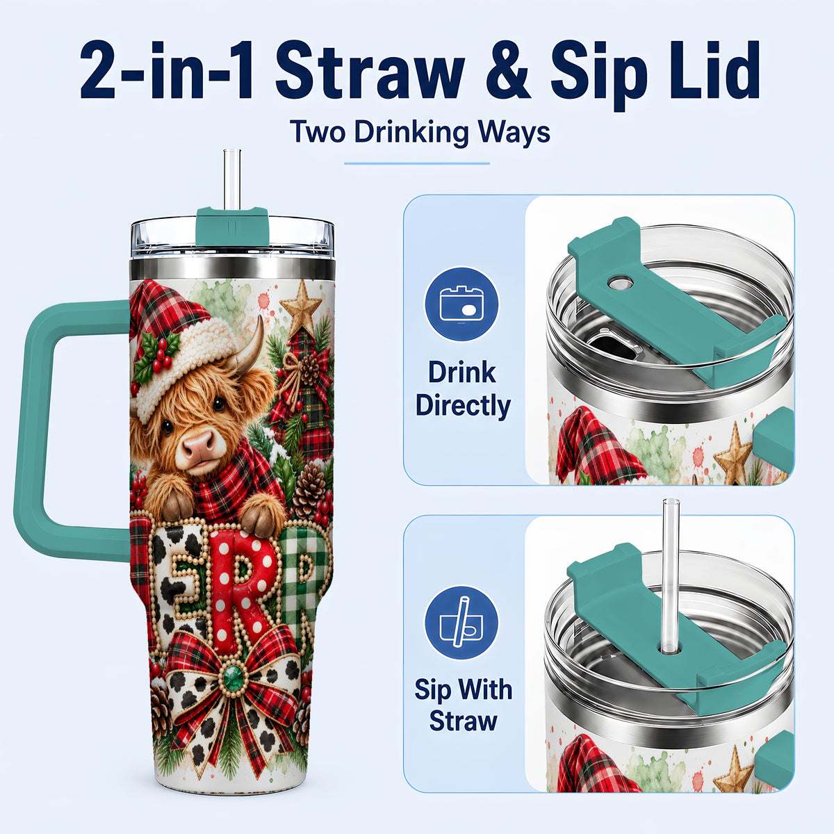 #pl[40oz|Green] Watercolor Highland Cow 40oz Tumbler with Handle, Christmas Travel Cup