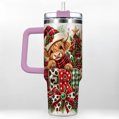 #pl[40oz|Pink] Watercolor Highland Cow 40oz Tumbler with Handle, Christmas Travel Cup
