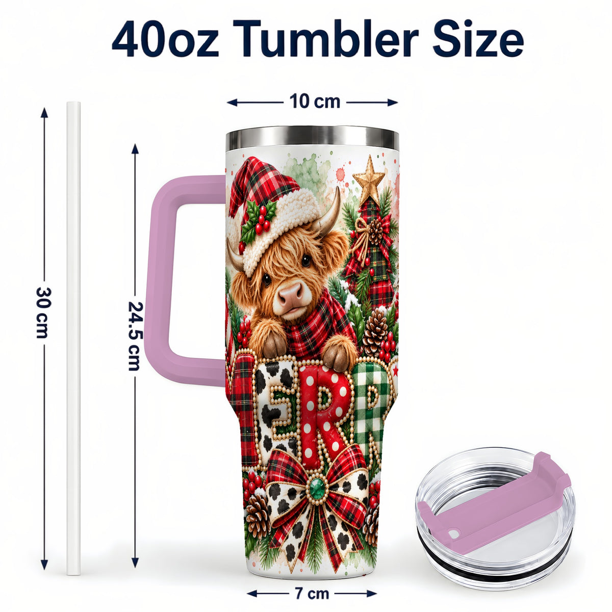 #pl[40oz|Pink] Watercolor Highland Cow 40oz Tumbler with Handle, Christmas Travel Cup