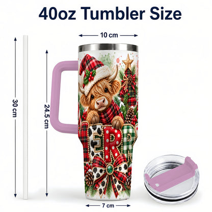 #pl[40oz|Pink] Watercolor Highland Cow 40oz Tumbler with Handle, Christmas Travel Cup