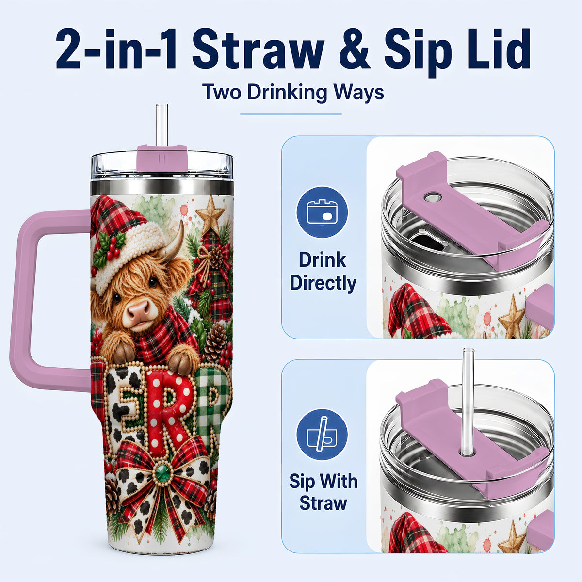 #pl[40oz|Pink] Watercolor Highland Cow 40oz Tumbler with Handle, Christmas Travel Cup