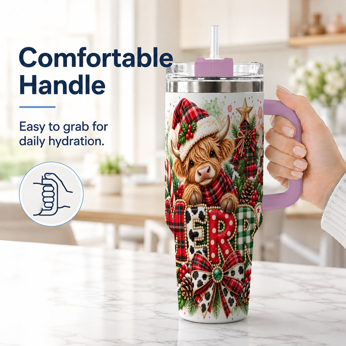 #pl[40oz|Pink] Watercolor Highland Cow 40oz Tumbler with Handle, Christmas Travel Cup