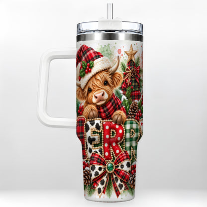 Watercolor Highland Cow 40oz Tumbler with Handle, Christmas Travel Cup