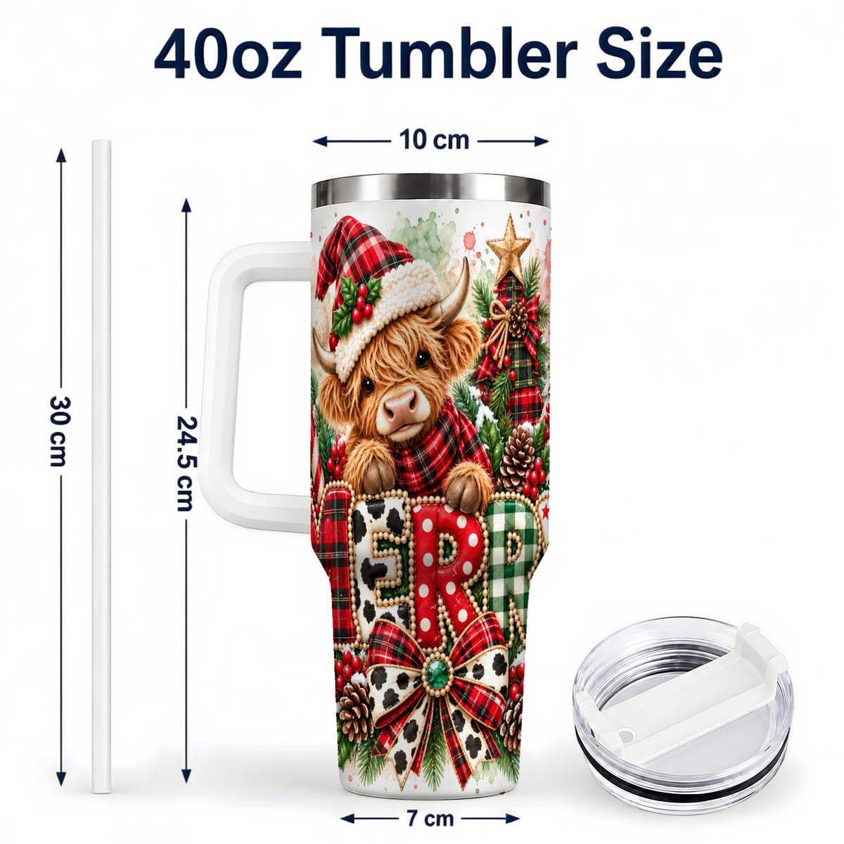 #pl[40oz|White] Watercolor Highland Cow 40oz Tumbler with Handle, Christmas Travel Cup